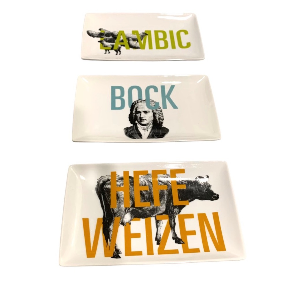 Crate&Barrel Set of 3 Beer Rectangle Plates Bock/Hefeweizen/ Lambic